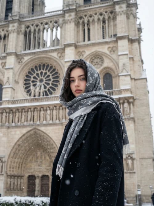 Snowy Notre-Dame Woman