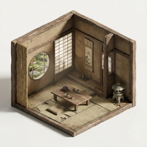Isometric Wabi-Sabi Tea Room